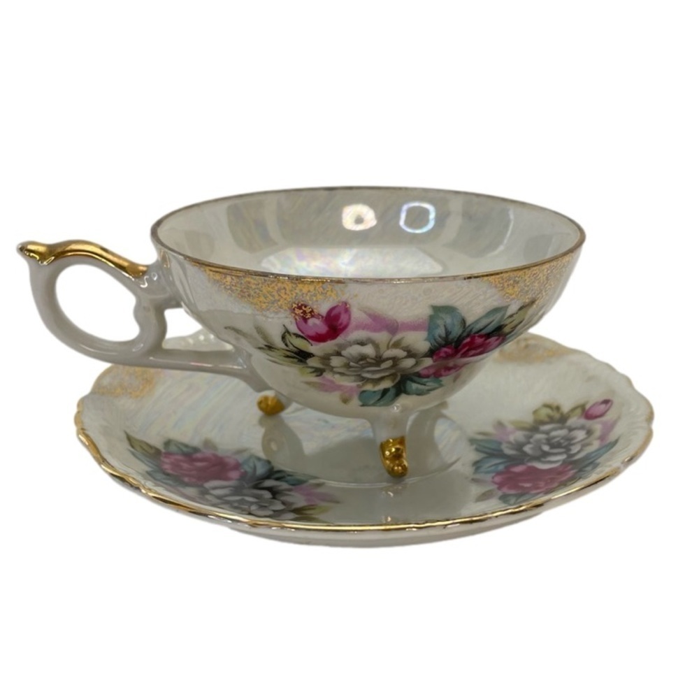 Tea Cup & Saucer Pearl Iridescent Tri-Footed Japan